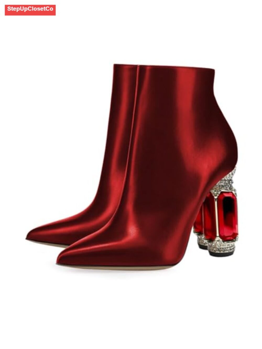 Pointed Toe Crystal Chunky Block Heel Ankle Boots Side Zipper Synthetic